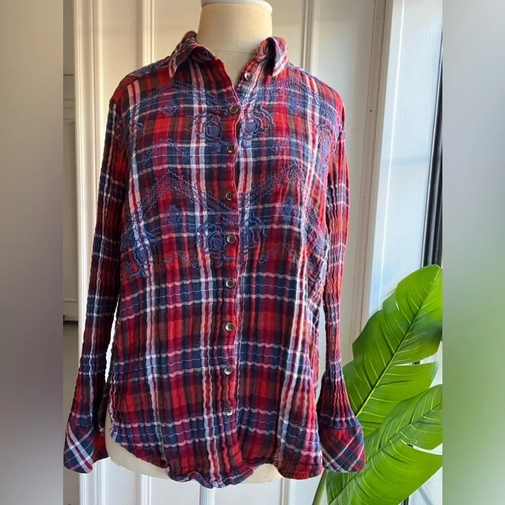 Free People XS Plaid Embroidered Button-Up Shirt Red/Blue Long Sleeve Cotton